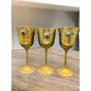 3 Vintage Brass Decorative Middle Eastern Goblets Gemstone Accent